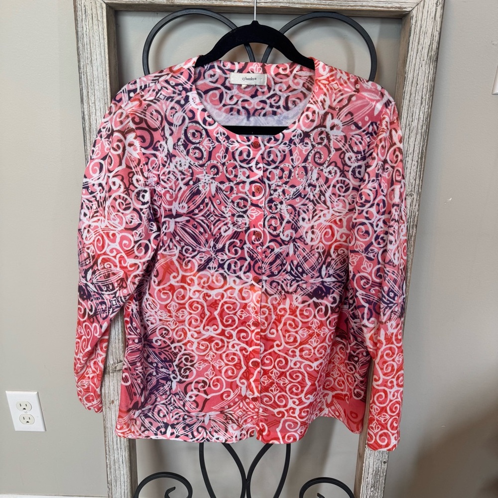 CJ Banks Pink and Purple Women's Button‎ Up Top Size 1X Estimate